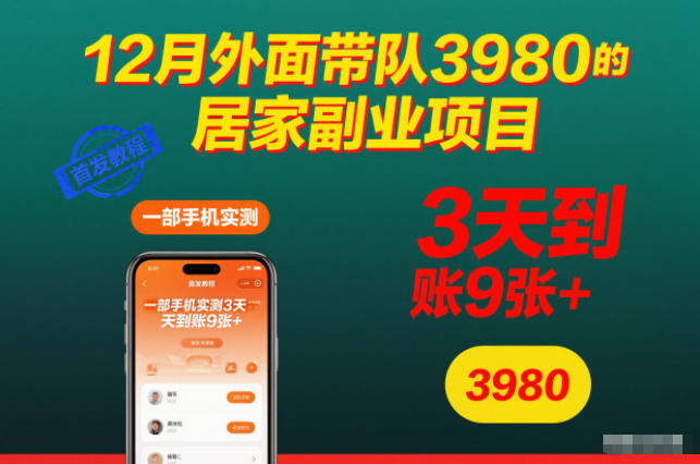 12月外面带队3980的居家副业项目,一部手机实测3天到账9张+,首发教程【揭秘】-新时光资源网