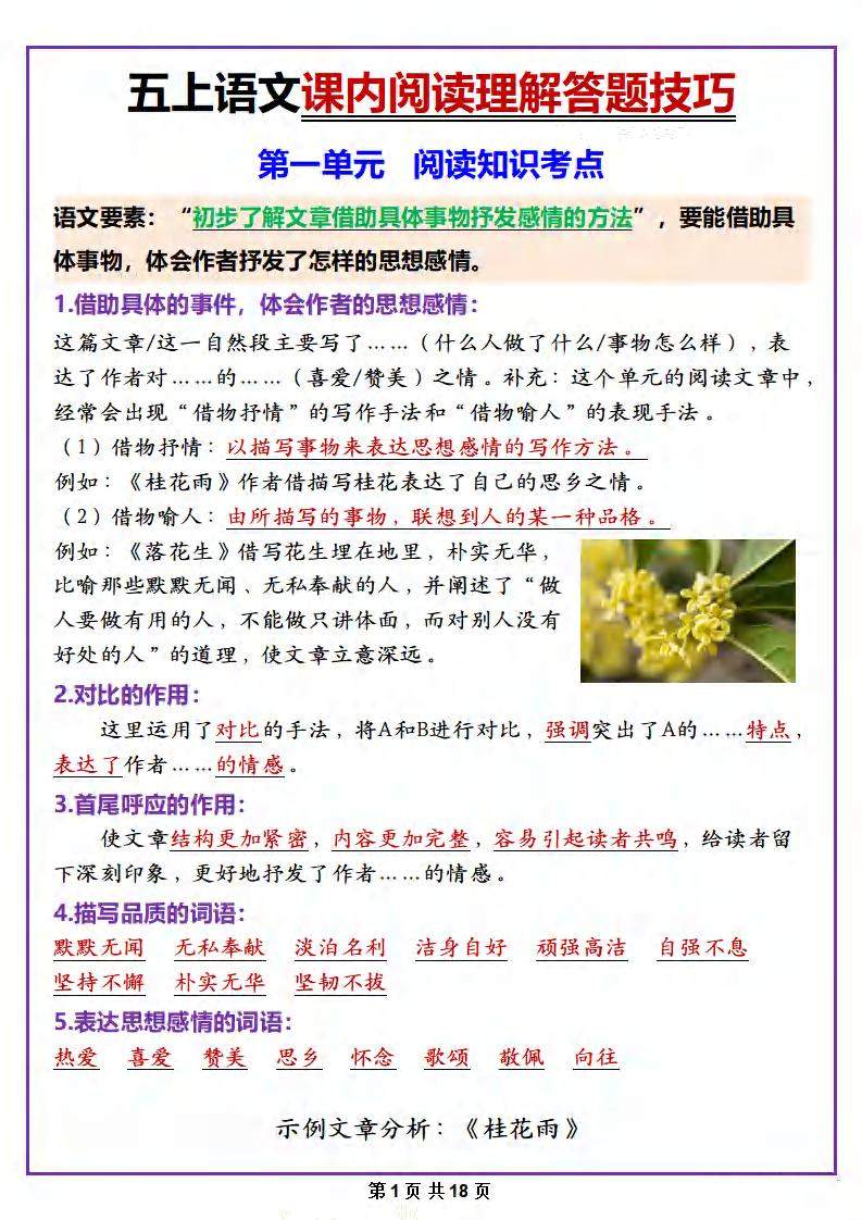 五年级上册语文课内阅读理解答题技巧-新时光资源网