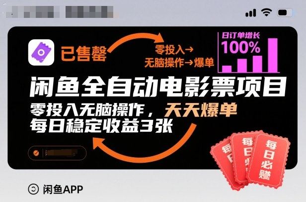 闲鱼全自动电影票项目，零投入无脑操作，天天爆单，每日稳定收益3张【揭秘】-新时光资源网