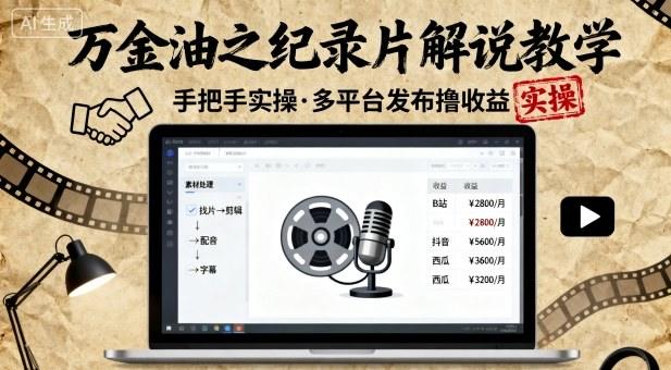 万金油之纪录片解说教学，手把手教你，完全实操，多平台发布撸收益-新时光资源网