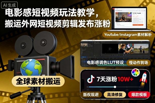 电影感短视频玩法教学,搬运外网短视频剪辑发布涨粉-新时光资源网