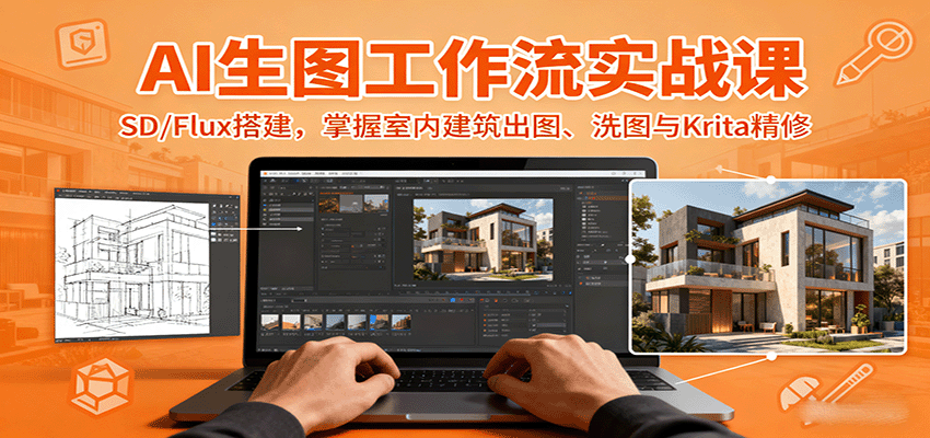 AI生图工作流实战课：SD/Flux搭建，掌握室内建筑出图、洗图与Krita精修-新时光资源网