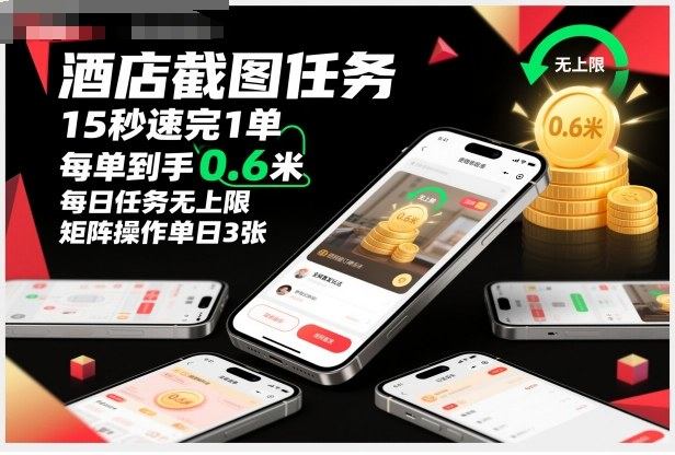 酒店截图任务,15秒速完1单,每单到手0.6米,每日任务无上限,全网首发玩法,矩阵操作单日3张【揭秘】-新时光资源网