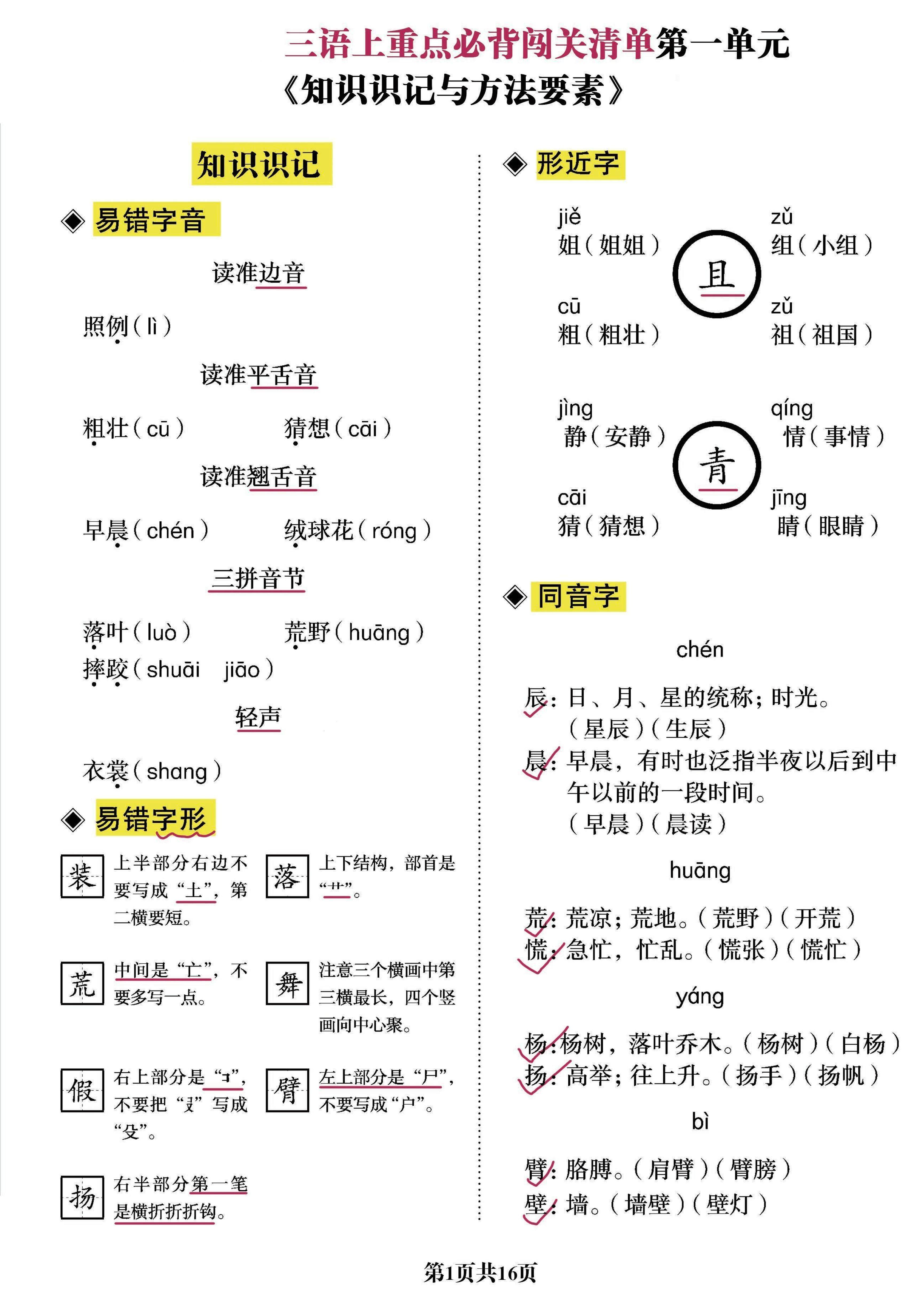 三上语文-重点必背清单《知识识记与方法要素》必考-新时光资源网