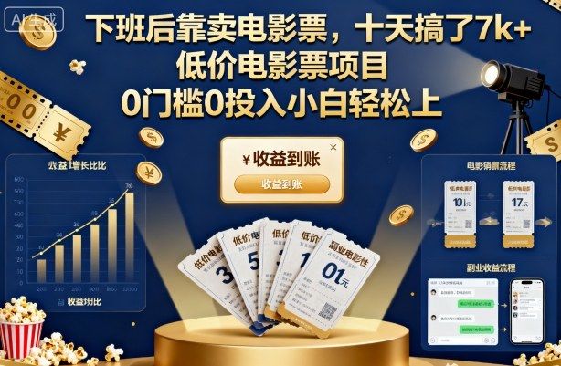 下班后靠卖电影票，十天搞了7k+，低价电影票项目，0门槛0投入小白轻松上手【揭秘】-新时光资源网
