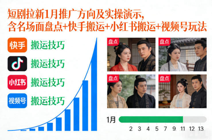 短剧拉新1月推广方向及实操演示，含名场面盘点+快手搬运+小红书搬运+视频号玩法-新时光资源网