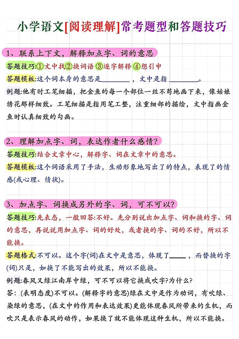小学阅读理解常考题型答题技巧-小升初语文-新时光资源网