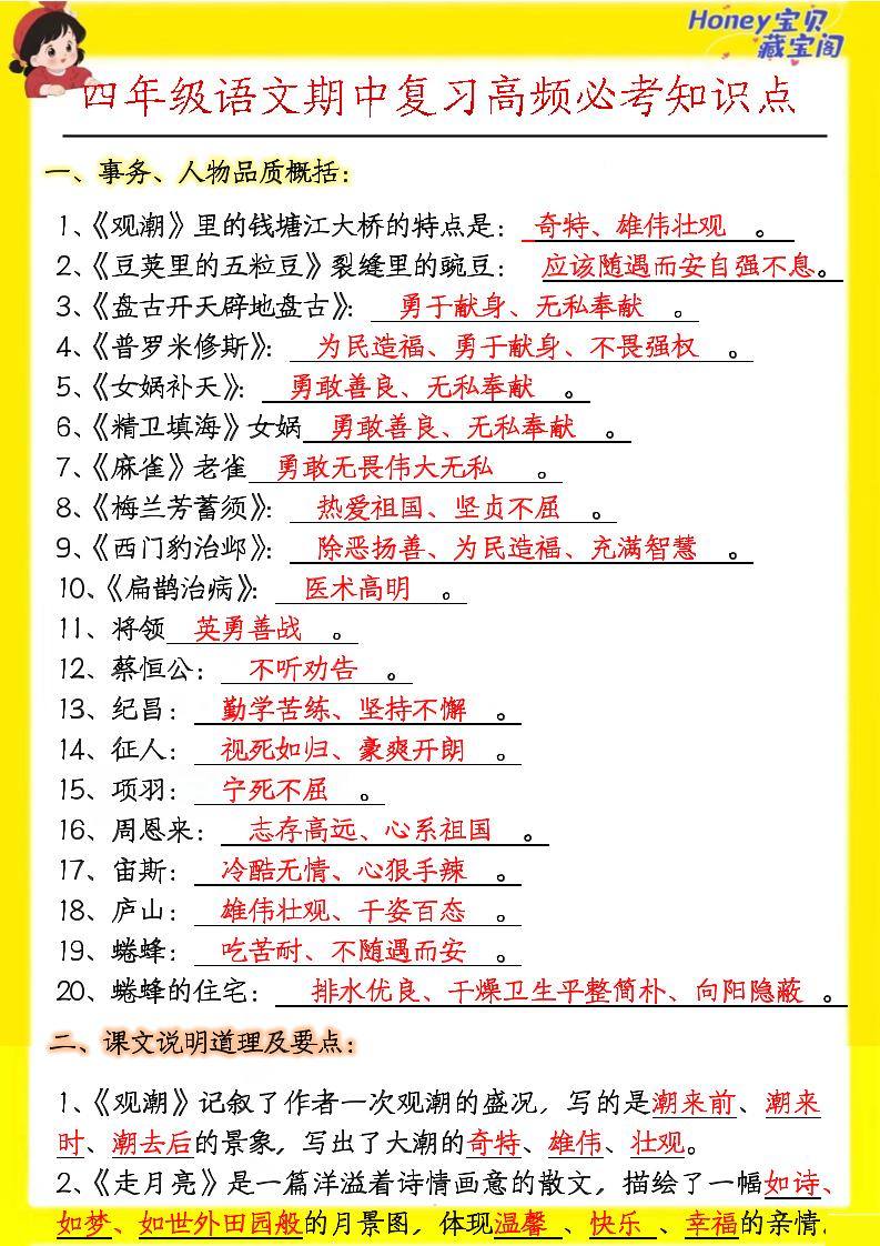 四上语文期中高频考点-新时光资源网