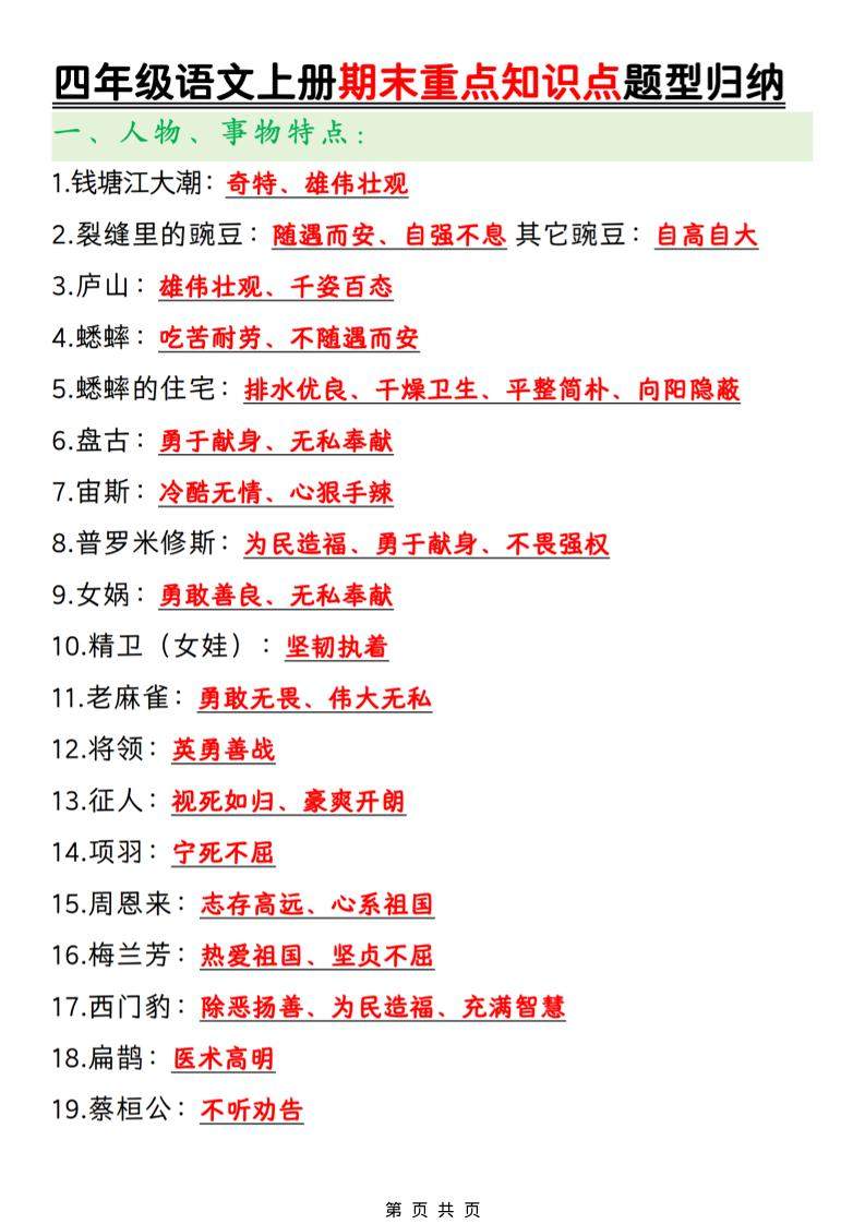 四年级上语文期末重点知识点题型归纳-新时光资源网