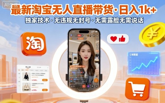 最新淘宝无人直播带货，日入1k+，独家技术，无违规无封号，无需露脸无需说话【揭秘】-新时光资源网