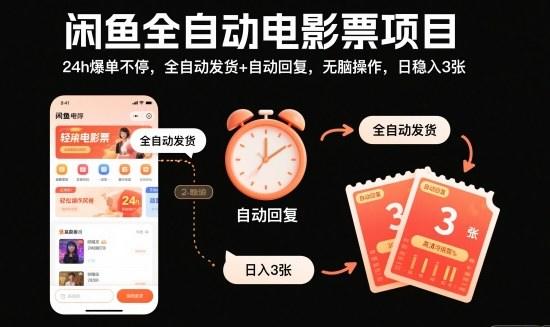 闲鱼全自动电影票项目，24h爆单不停，全自动发货+自动回复，无脑操作，日稳入3张【揭秘】-新时光资源网