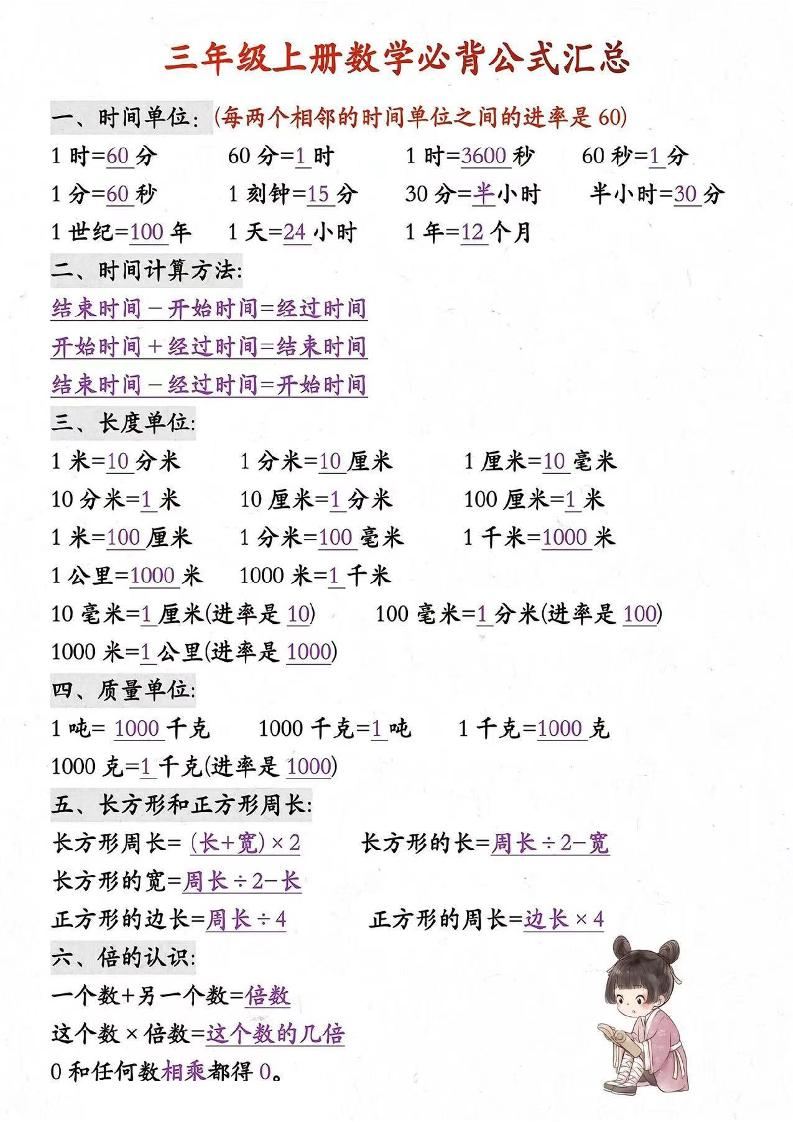 三年级上册数学必背知识汇总-新时光资源网