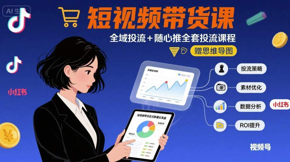 最新短视频带货课，全域投流+随心推全套投流课程+思维导图-新时光资源网