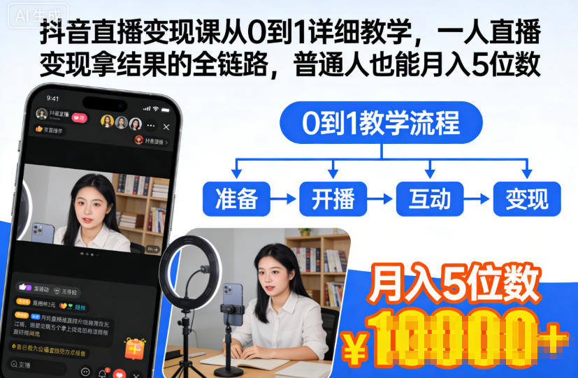 抖音直播变现课从0到1详细教学，一人直播变现拿结果的全链路，普通人也能月入5位数-新时光资源网