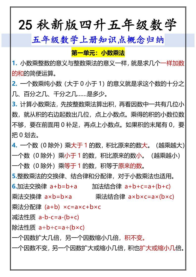 【2025秋新版】五年级数学上册知识点概念归纳-新时光资源网