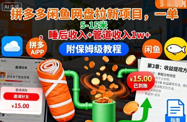 拼多多闲鱼网盘拉新项目，一单5-15米，睡后收入+管道收入1w+(附保姆级教程)-新时光资源网