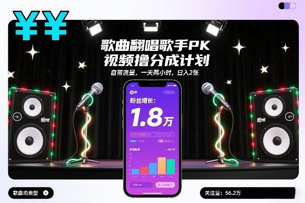 歌曲翻唱歌手PK视频撸分成计划,自带流量,一天两小时,日入2张-新时光资源网