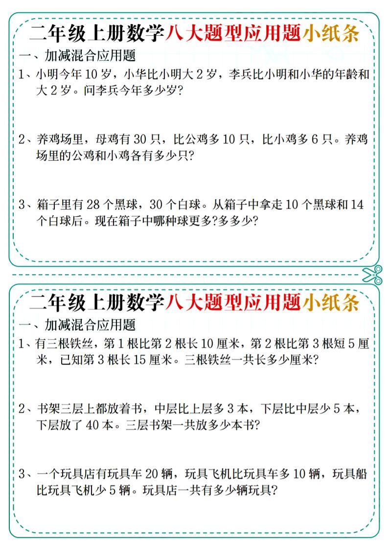 二年级上数学八大题型应用题小纸条-新时光资源网
