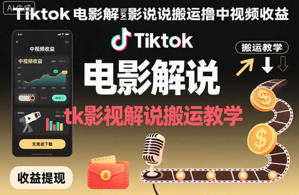 Tiktok电影解说搬运撸中视频收益，tk影视解说搬运教学-新时光资源网