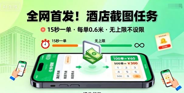 全网首发！酒店截图任务，15秒一单，每单0.6米，任务无上限不设限，矩阵操作单日3张到手【揭秘】-新时光资源网