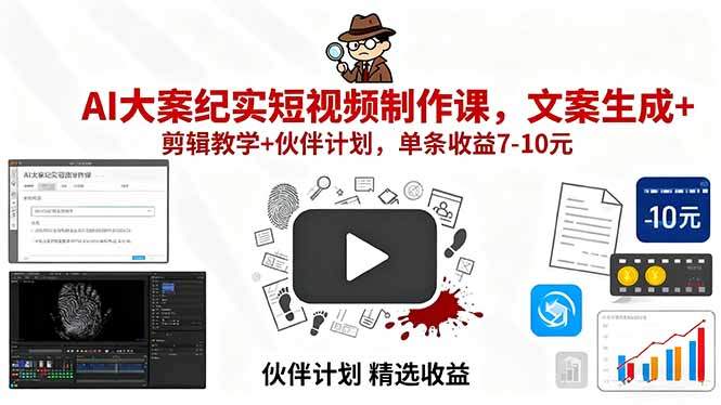 AI大案纪实短视频制作课，文案生成+剪辑教学+伙伴计划，单条收益7-10元-新时光资源网