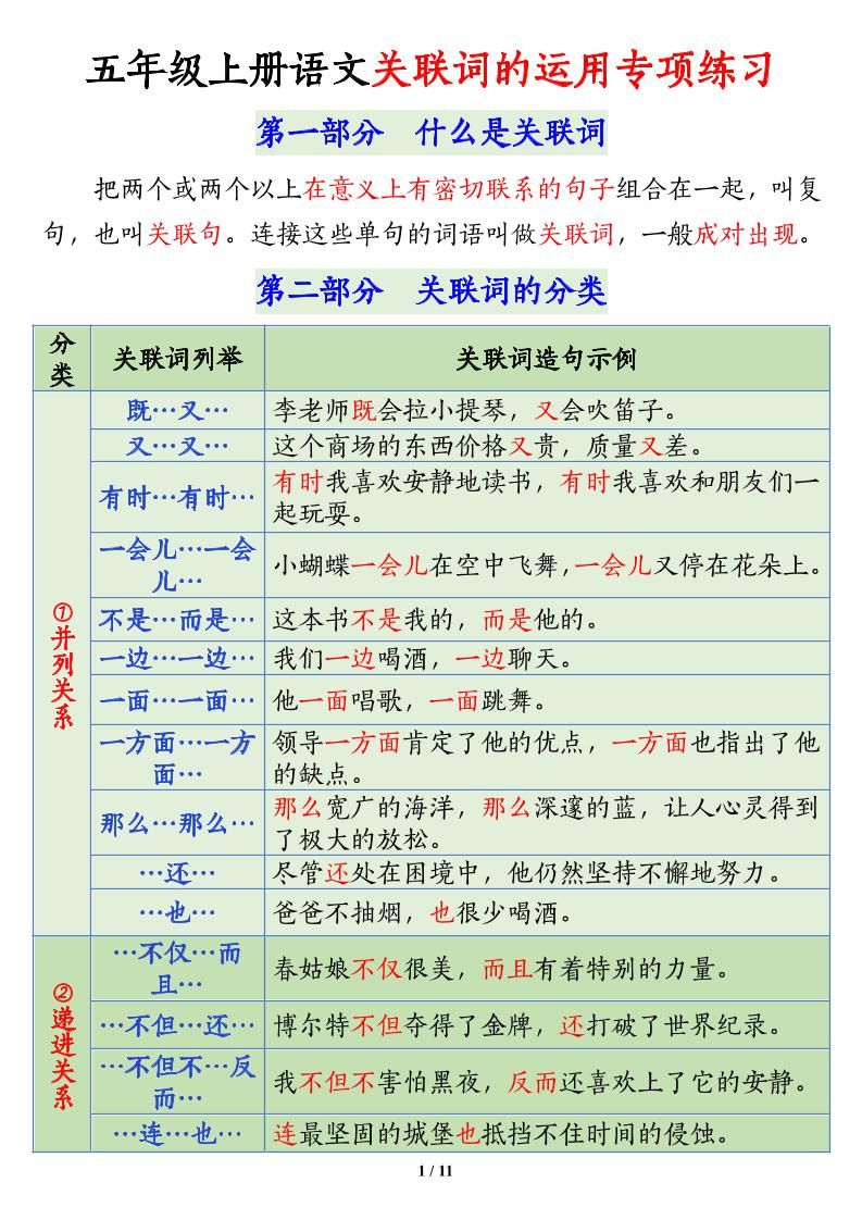 五上语文关联词语的运用专项练习（11页）-新时光资源网