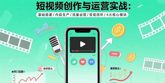 短视频创作与运营实战：基础搭建/内容生产/流量运营/变现闭环/4大核心模块-新时光资源网
