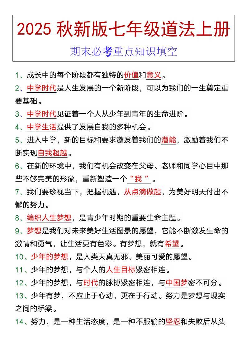 七年级道法上册期末必考重点知识填空-新时光资源网