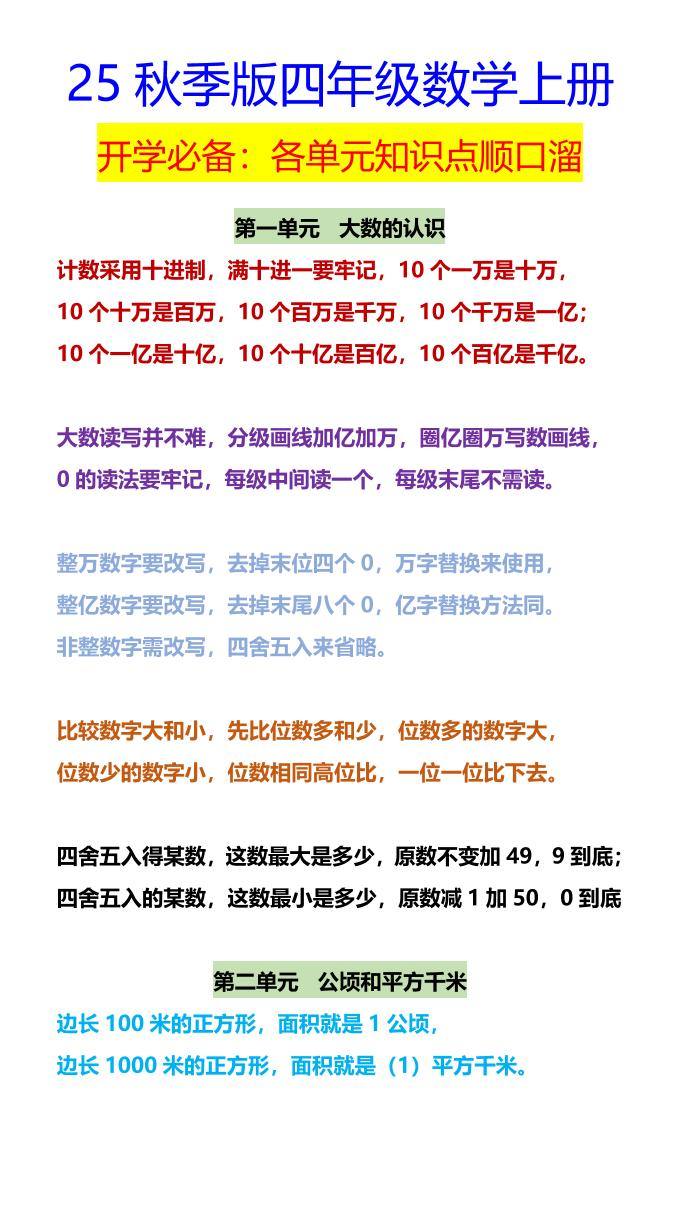 【2025秋新版】四年级数学上册开学必备：各单元知识点顺口溜-新时光资源网