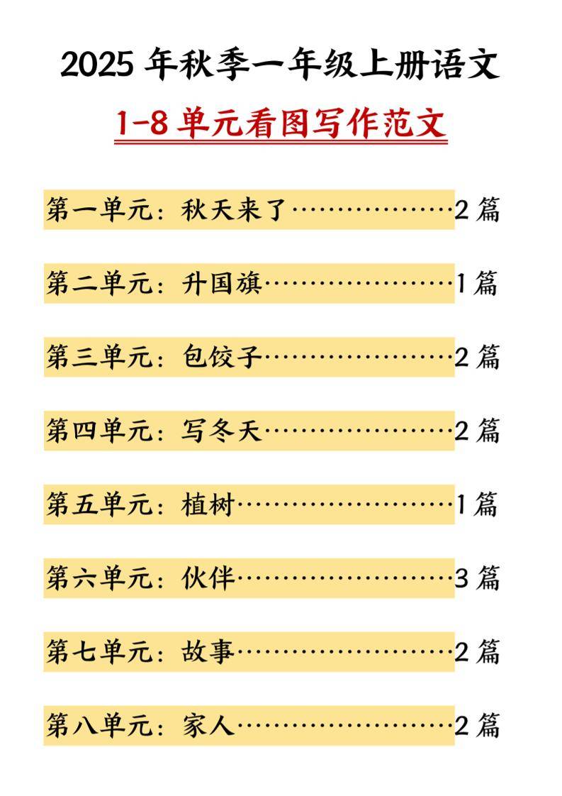 25秋一上语文1-8单元看图写作范文（16页）-新时光资源网