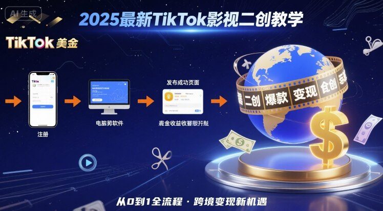 2025年最新TikTok影视二创教学，从注册到发布撸美金全流程，跨境变现新机遇-新时光资源网