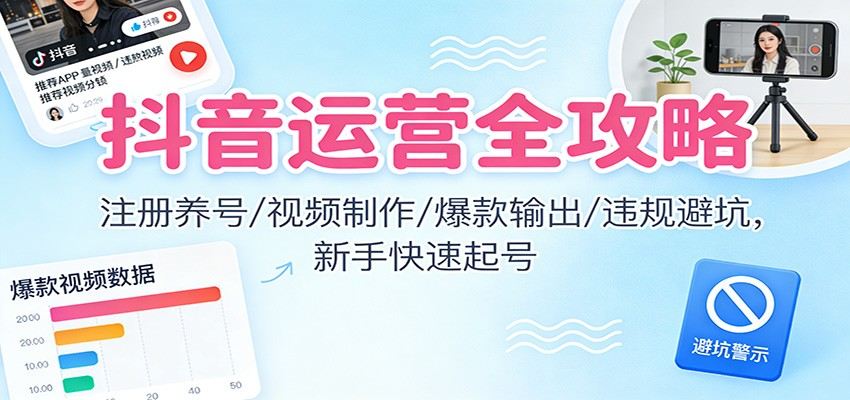 抖音运营全攻略:注册养号/视频制作/爆款输出/违规避坑,新手快速起号-新时光资源网