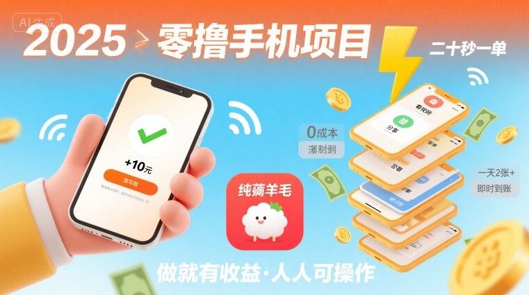 2025年零撸手机项目，二十秒一单，纯薅羊毛 一天2张+做就有-新时光资源网