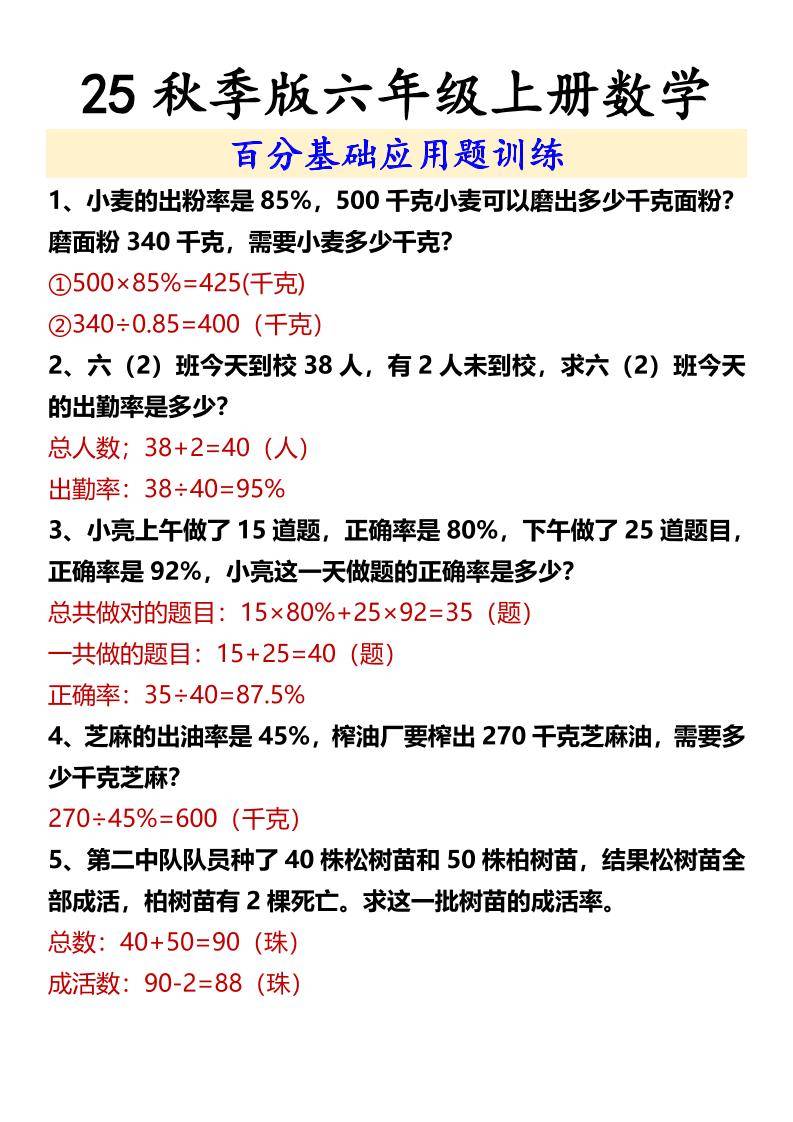 【2025秋新版】六年级上册数学百分基础应用题训练-新时光资源网