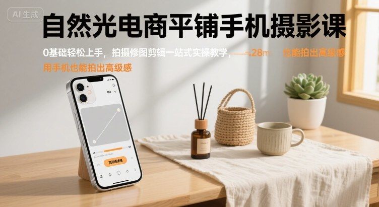 自然光电商平铺手机摄影课，0基础轻松上手，拍摄修图剪辑一站式实操教学，用手机也能拍出高级感-新时光资源网