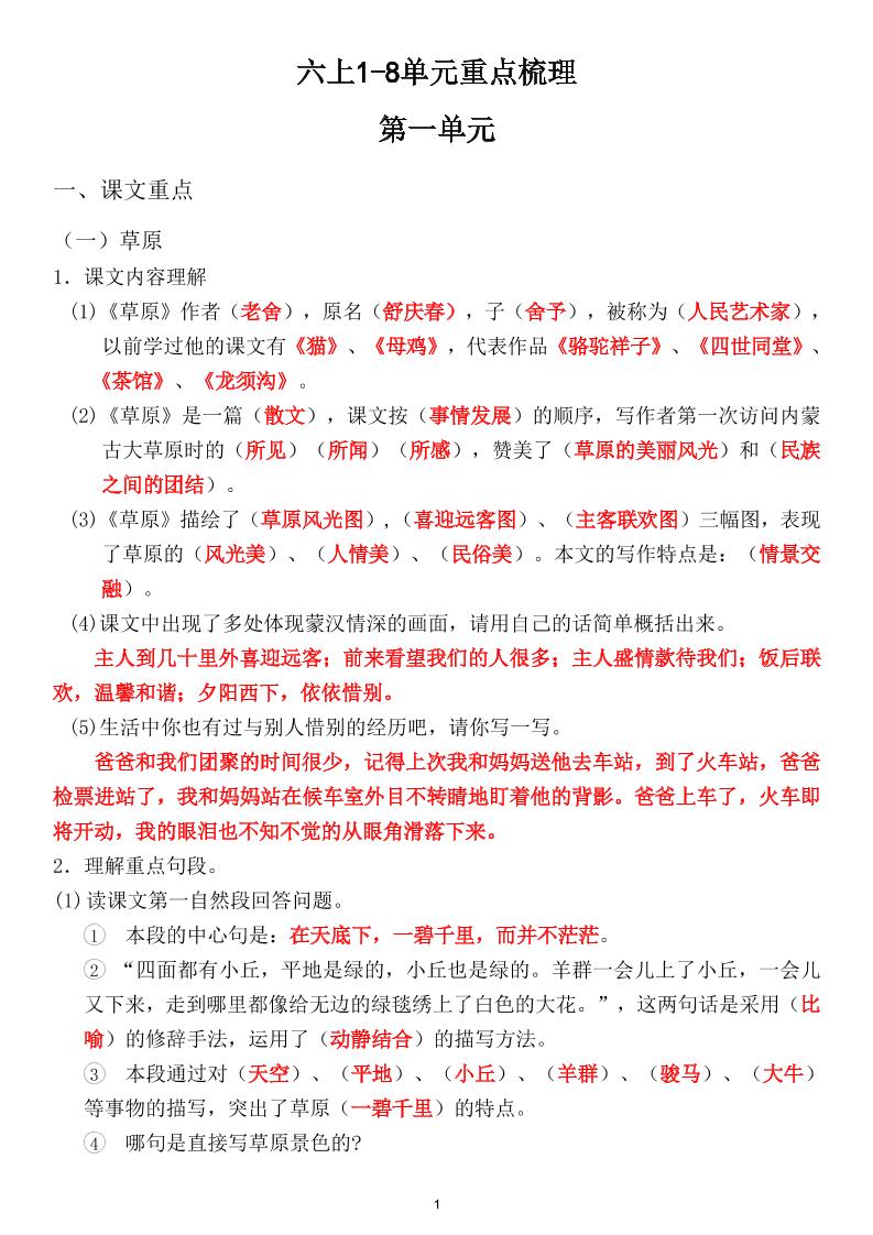 六上1-8单元重点梳理（课文重点+语文园地）-新时光资源网