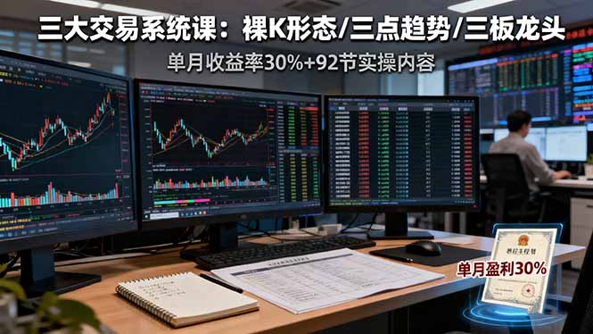 三大交易系统课：裸K形态/三点趋势/三板体系，单月收益率30%+92节实操内容-新时光资源网