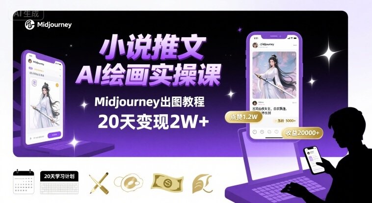 小说推文干货分享之AI绘画MJ出图实操课，用Midjourney做小说推文，20天挣2w-新时光资源网