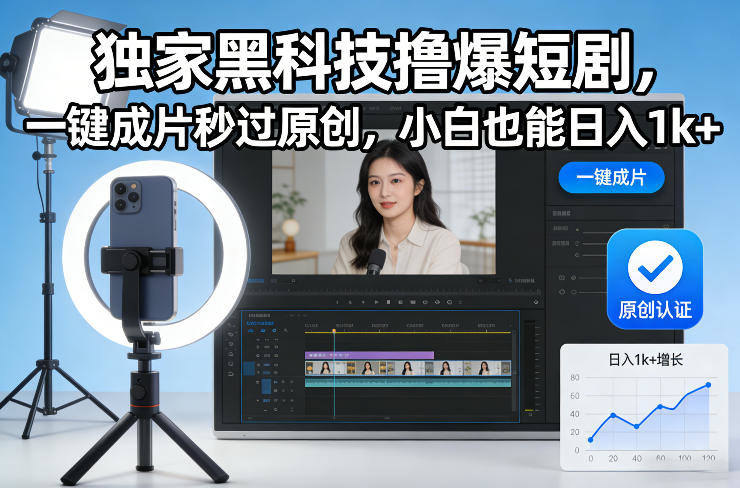 独家黑科技撸爆短剧，一键成片秒过原创，小白也能日入1k+【揭秘】-新时光资源网