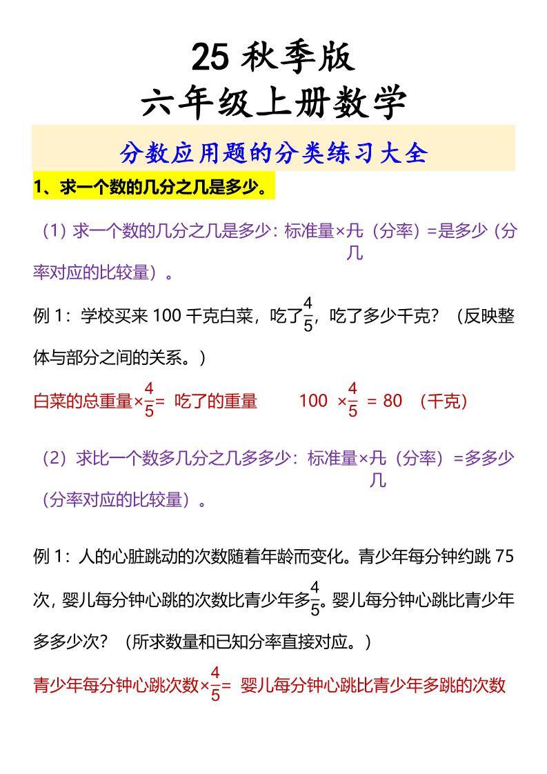 【2025秋新版】六年级上册数学分数应用题的分类练习大全-新时光资源网