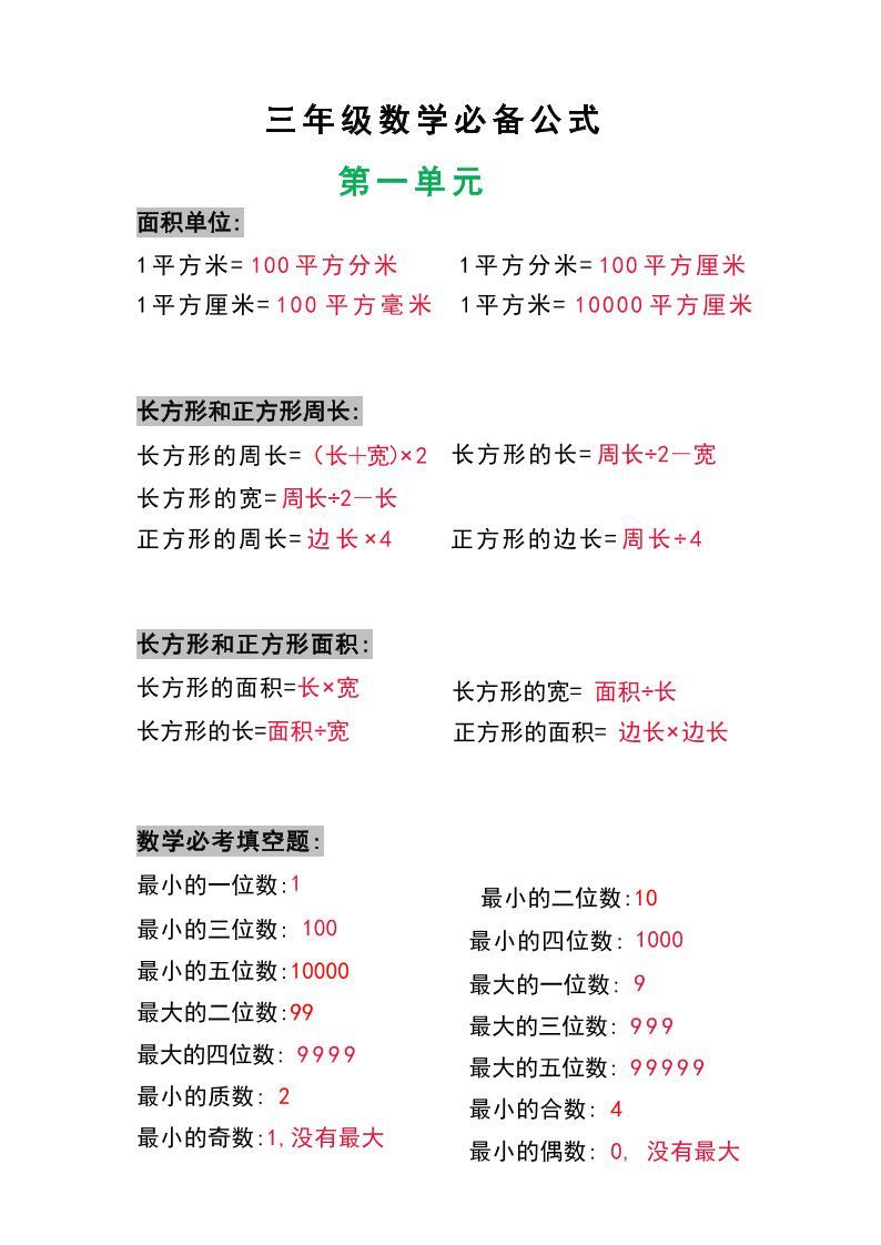 三年级数学上册必背公式-新时光资源网
