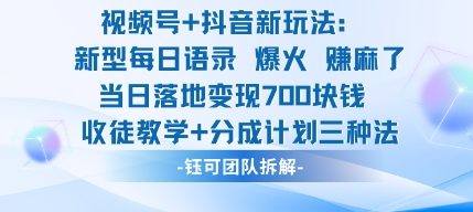 视频号加抖音新玩法：爆火新型每日语录，收徒教学加分成计划，三种变现玩法，当日变现7张-新时光资源网