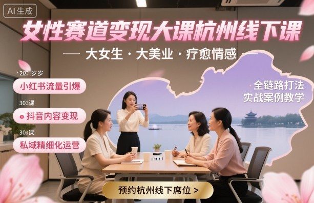 女性赛道变现大课杭州线下，大女生，大美业，疗愈情感，一套小红书、抖音、私域全链路打法-新时光资源网