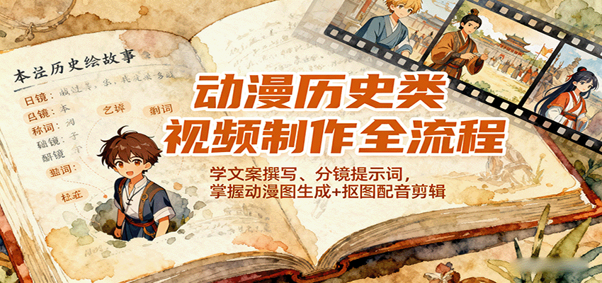 动漫历史类视频制作全流程，学文案撰写、分镜提示词，掌握动漫图生成+抠图配音剪辑-新时光资源网