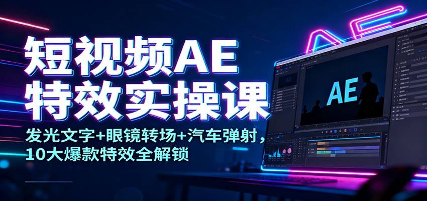 短视频AE特效实操课：发光文字+眼镜转场+汽车弹射，10大爆款特效全解锁-新时光资源网