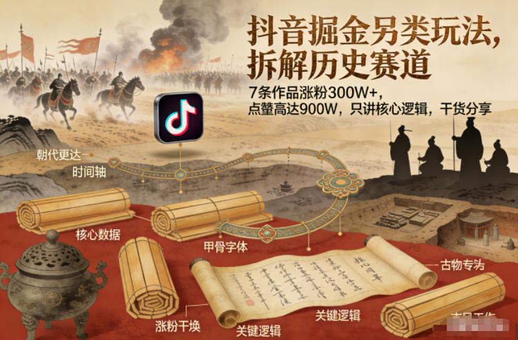 抖音掘金另类玩法，拆解历史赛道，7条作品涨粉300W+，点赞量高达900W，只讲核心逻辑，干货分享-新时光资源网