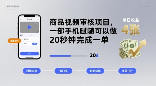商品视频审核项目，一部手机随时随地都可以做，20秒钟完成一单，单日收益 4张【揭秘】-新时光资源网