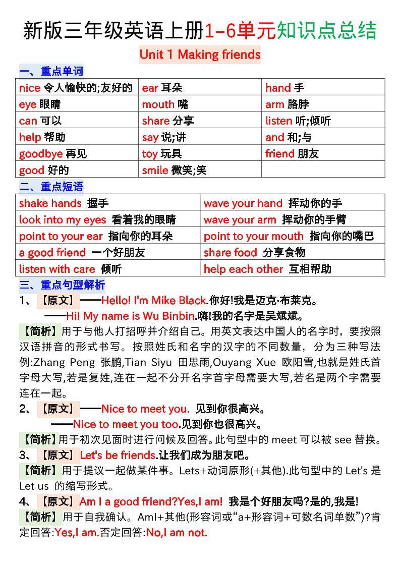 新版三年级英语上册1-6单元知识点总结-新时光资源网
