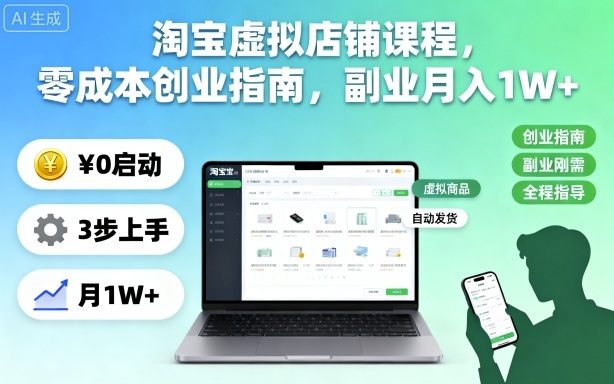 淘宝虚拟店铺课程,零成本创业指南,副业月入1W+-新时光资源网