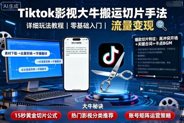 Tiktok影视大牛搬运切片手法，详细玩法教程-新时光资源网